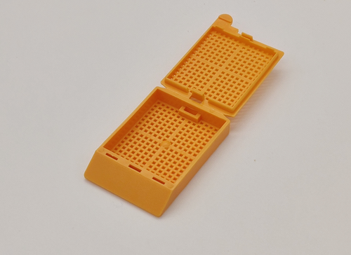 plastic biopsy tissue cassettes with attached lid 35 angled face large writing area orange 